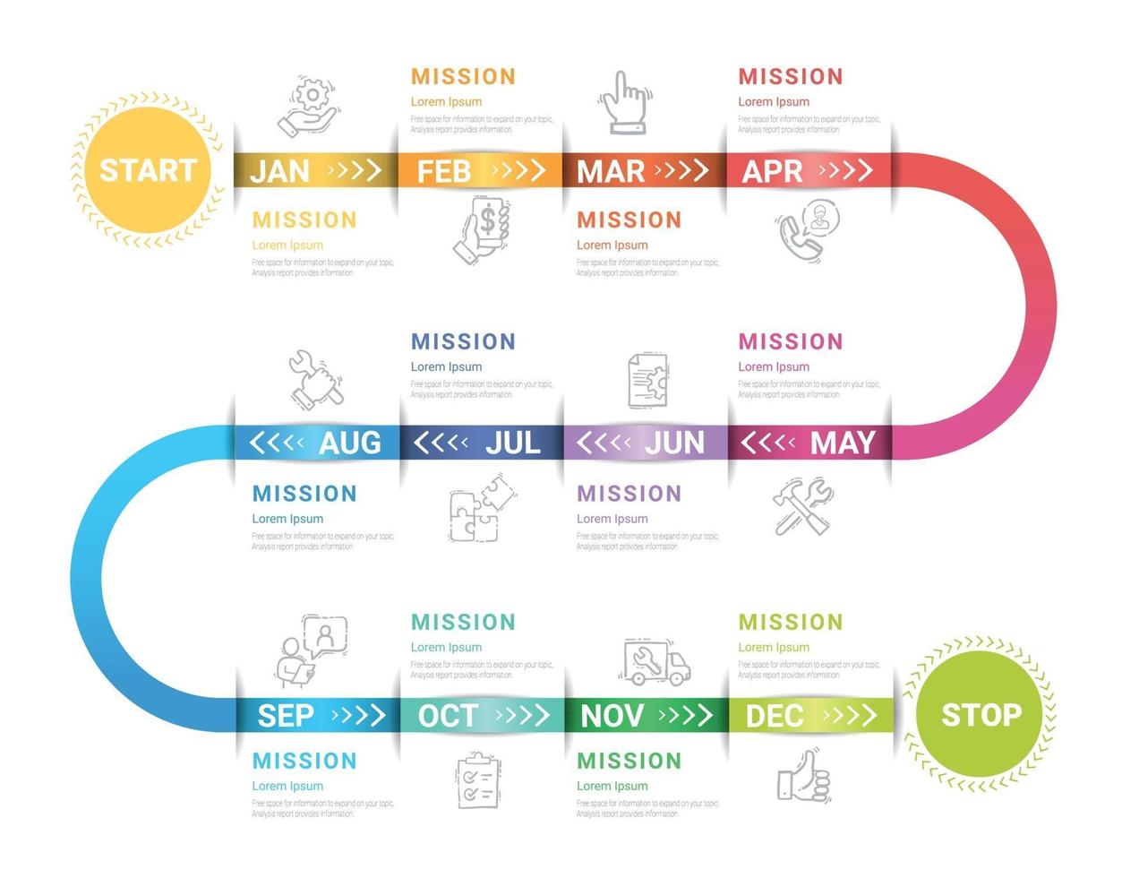 El negocio de línea de tiempo durante 12 meses, 1 año, el vector de diseño de infografías de línea de tiempo y el negocio de presentación se pueden utilizar para el concepto de negocio con 12 opciones, pasos o procesos.