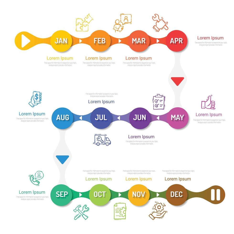 planificador anual, 12 meses, 1 año, vector de diseño de infografías de línea de tiempo y negocios de presentación se pueden utilizar para el concepto de negocio con 12 opciones, pasos o procesos.