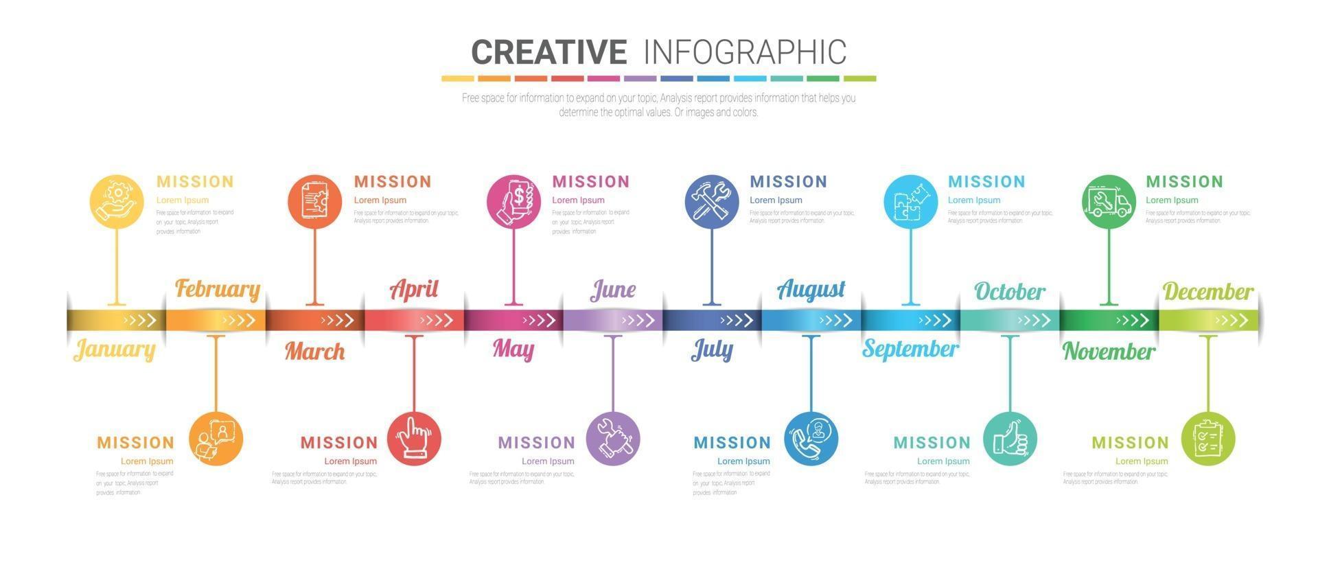 Timeline presentation for 12 months, 1 year, Timeline infographics design vector and Presentation business can be used for Business concept with 12 options, steps or processes.