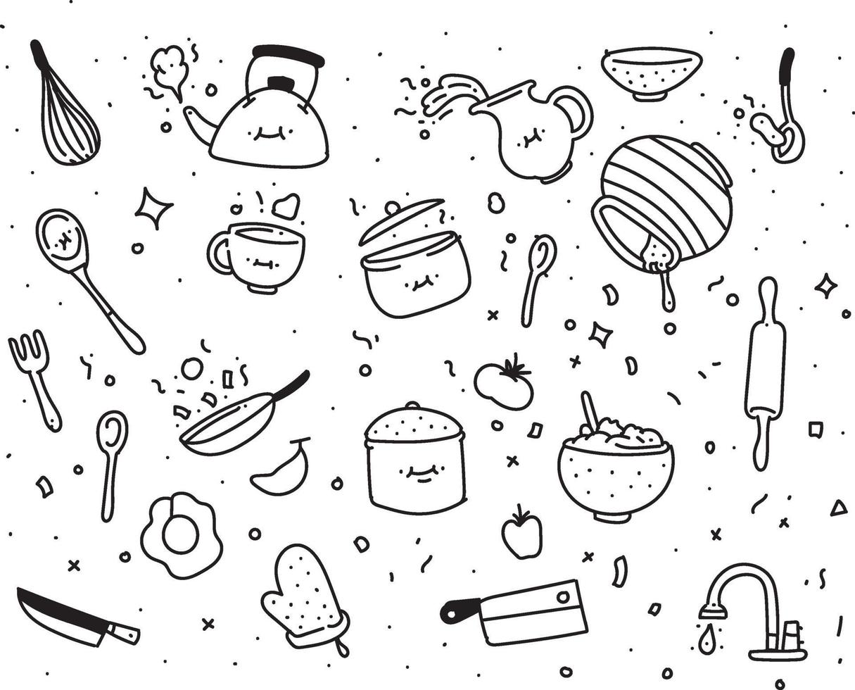 conjunto de utensilios de cocina de doodle. cocina estilo doodle vector