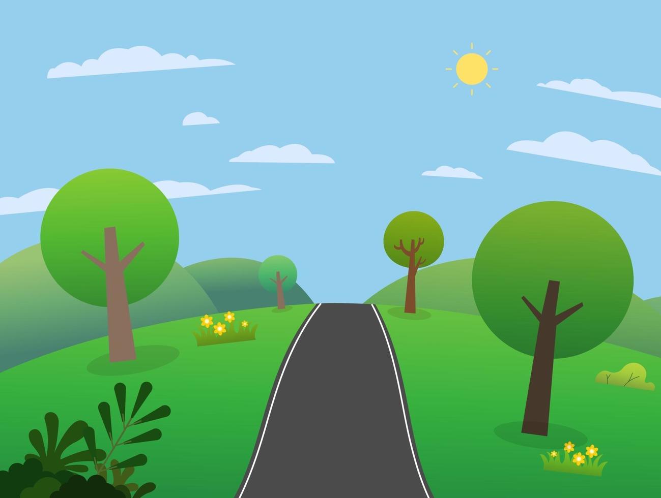 Road on hills with big mountains and sky.Beautiful scene meadows with mountains in summer.Nature landscape with rural street. Vector illustration