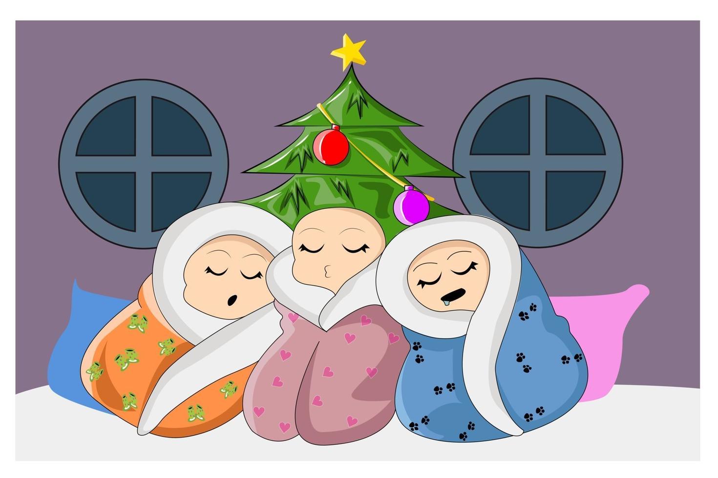 Three baby twins at Christmas vector