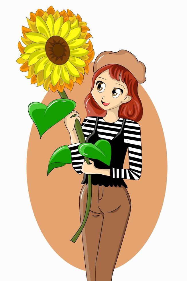 A beauty girl brings big sunflower vector