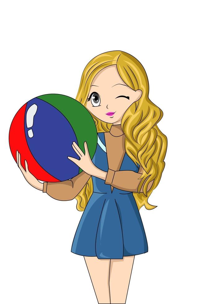 beautiful cartoon girl with yellow hair holding ball vector