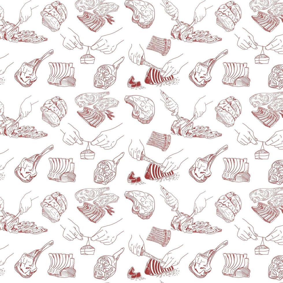 Hand drawn meat, steak, beef and pork, lamb seamless pattern vector