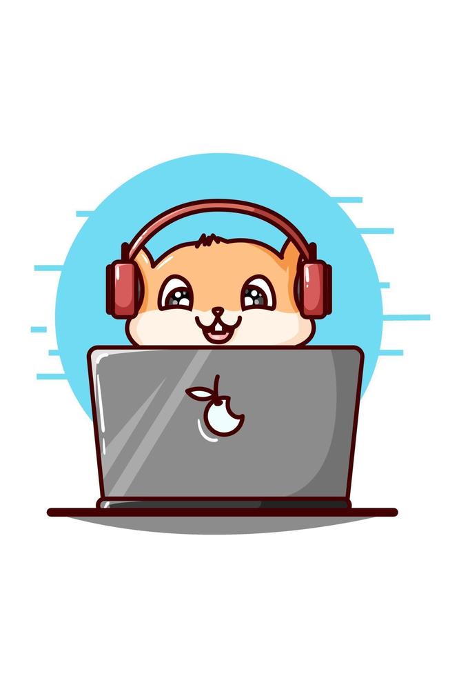 un lindo hámster con auriculares y jugando en la ilustración de la computadora portátil vector