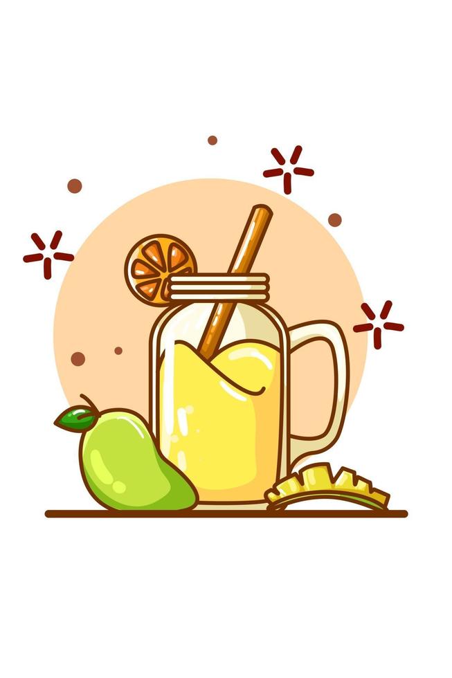 un jugo con sabor a mango y algunos mangos vector