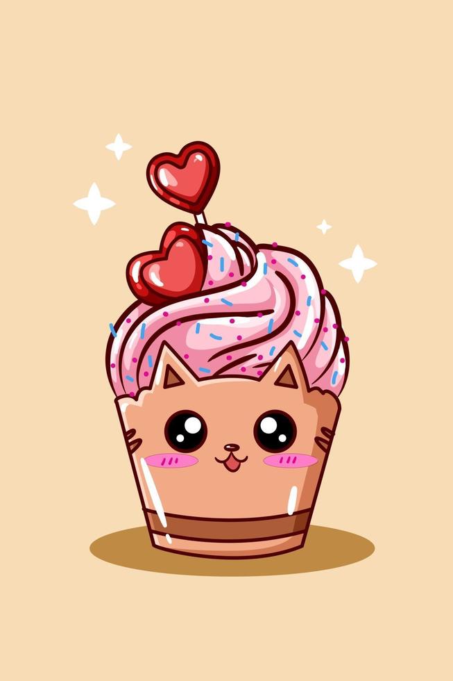 un lindo gato de cupcake de helado rosa con amor de caramelo vector