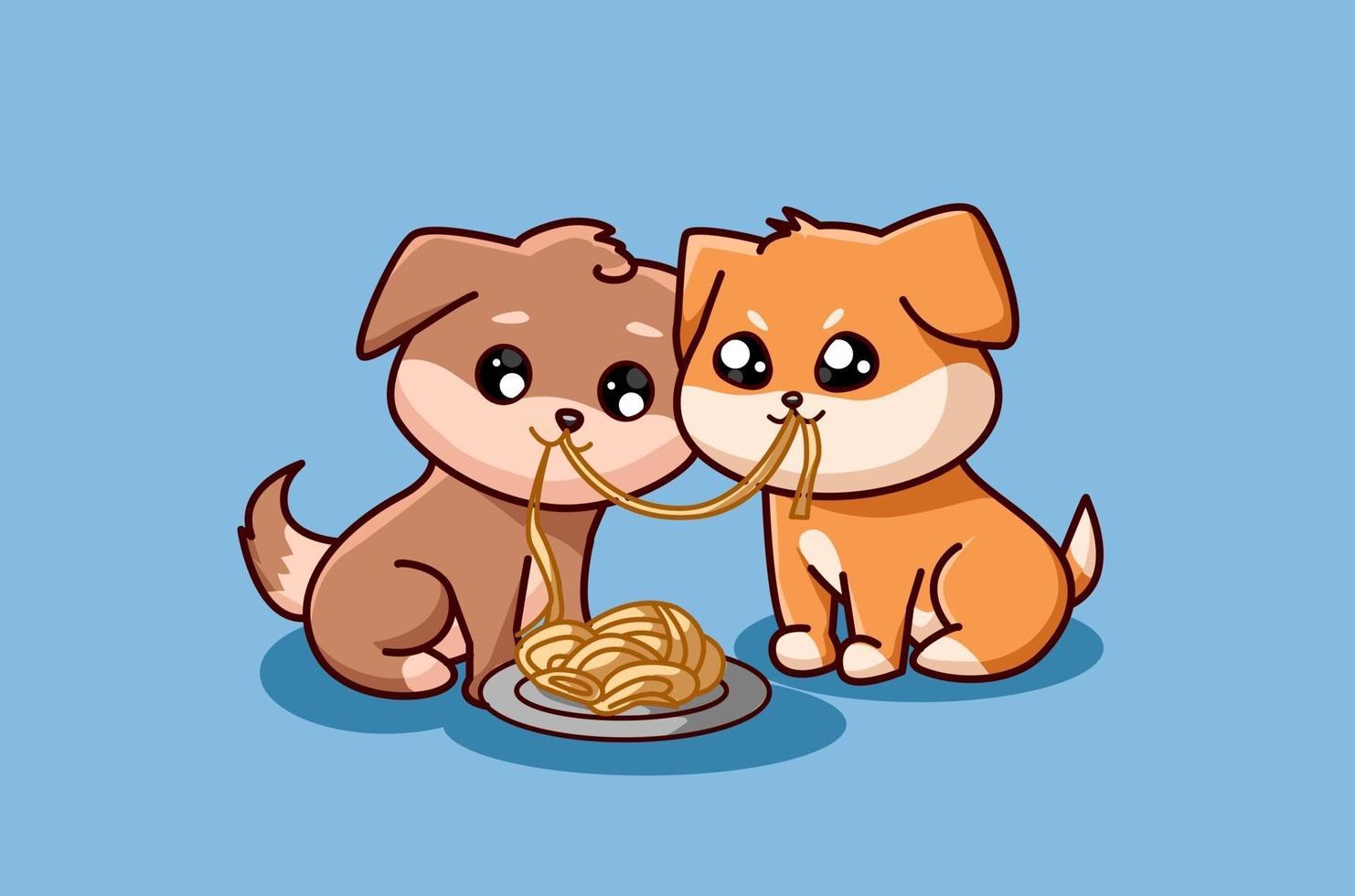 Two small dogs eating together vector