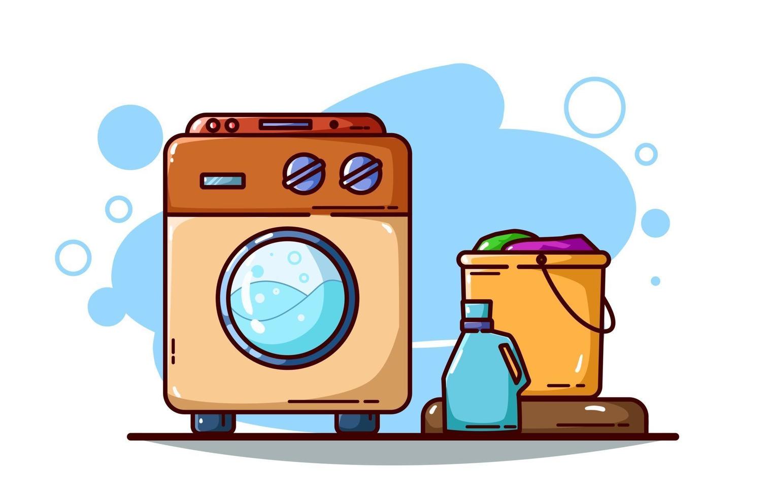 Washing machine, detergent and clothes bucket illustration vector