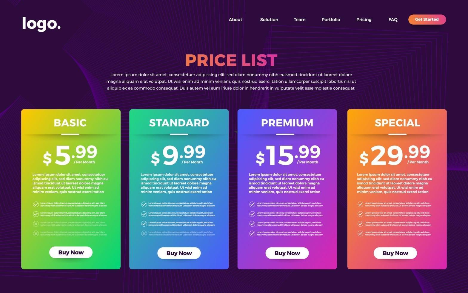 UI User Interface Price List vector