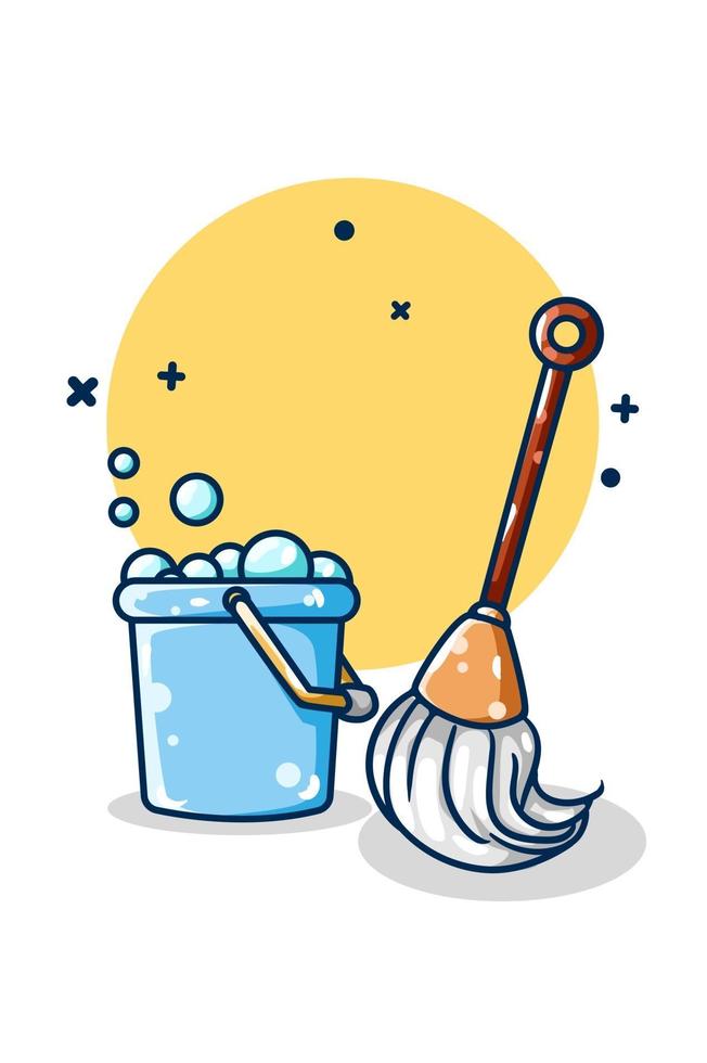 A floor mop and foam bucket hand drawing vector