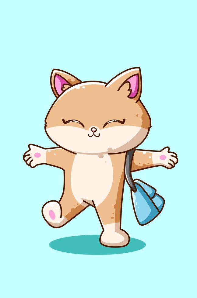 gato feliz llevando una ilustración de bolsa vector