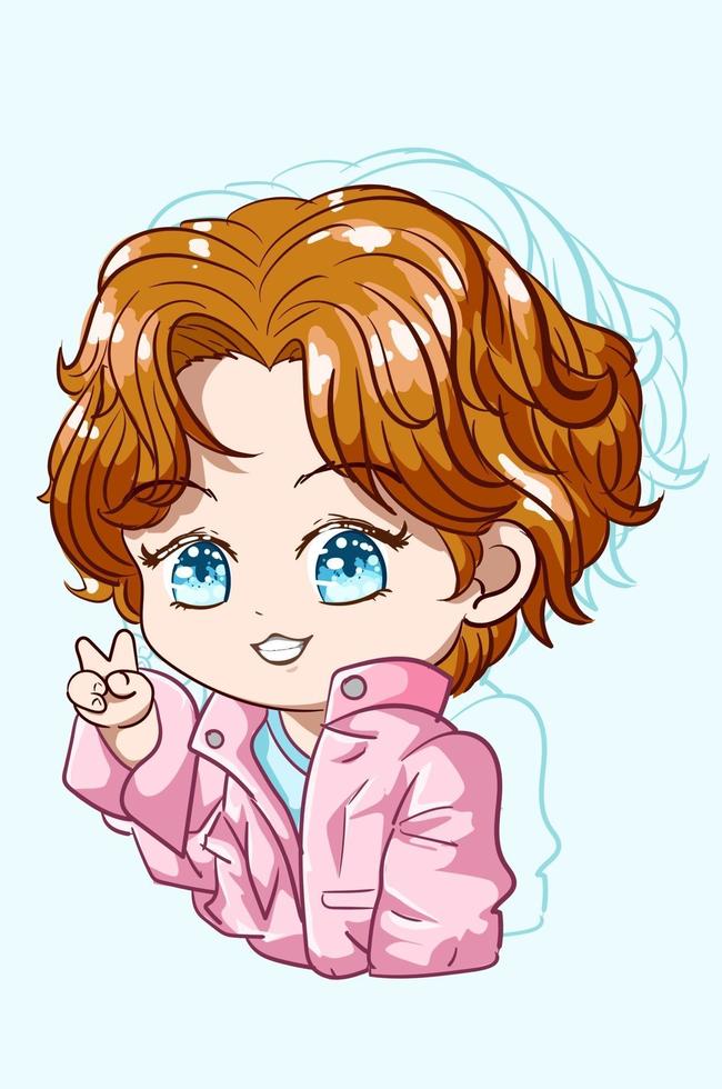 Little cute blue eyed boy with pink jacket, chibi character vector