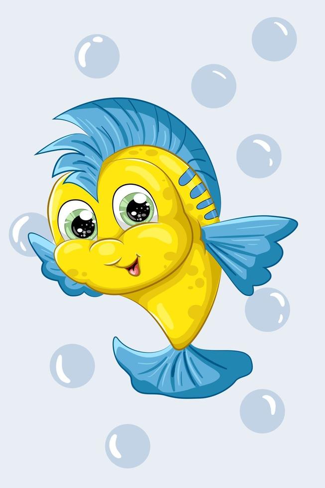 A little cute yellow and blue fish, design animal cartoon vector illustration