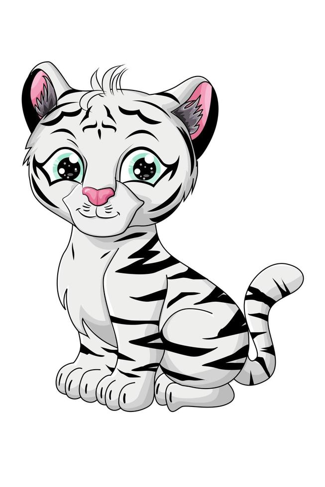 Un pequeño tigre blanco lindo, diseño de ilustración de vector de dibujos animados de animales