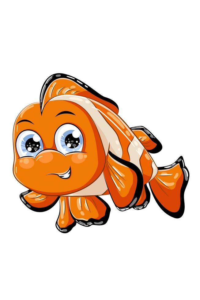 Un lindo y pequeño pez payaso naranja, diseño de ilustración de vector de dibujos animados de animales