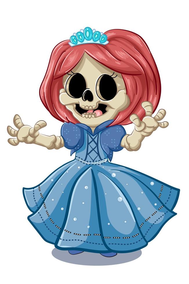 A cute skull wearing princess dress and blue crown, illustration vector