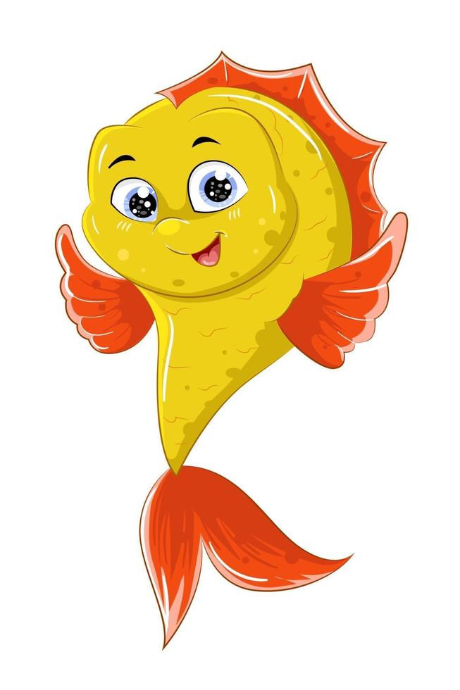 Un pez amarillo anaranjado con ojos azules, diseño de ilustración de vector de dibujos animados de animales