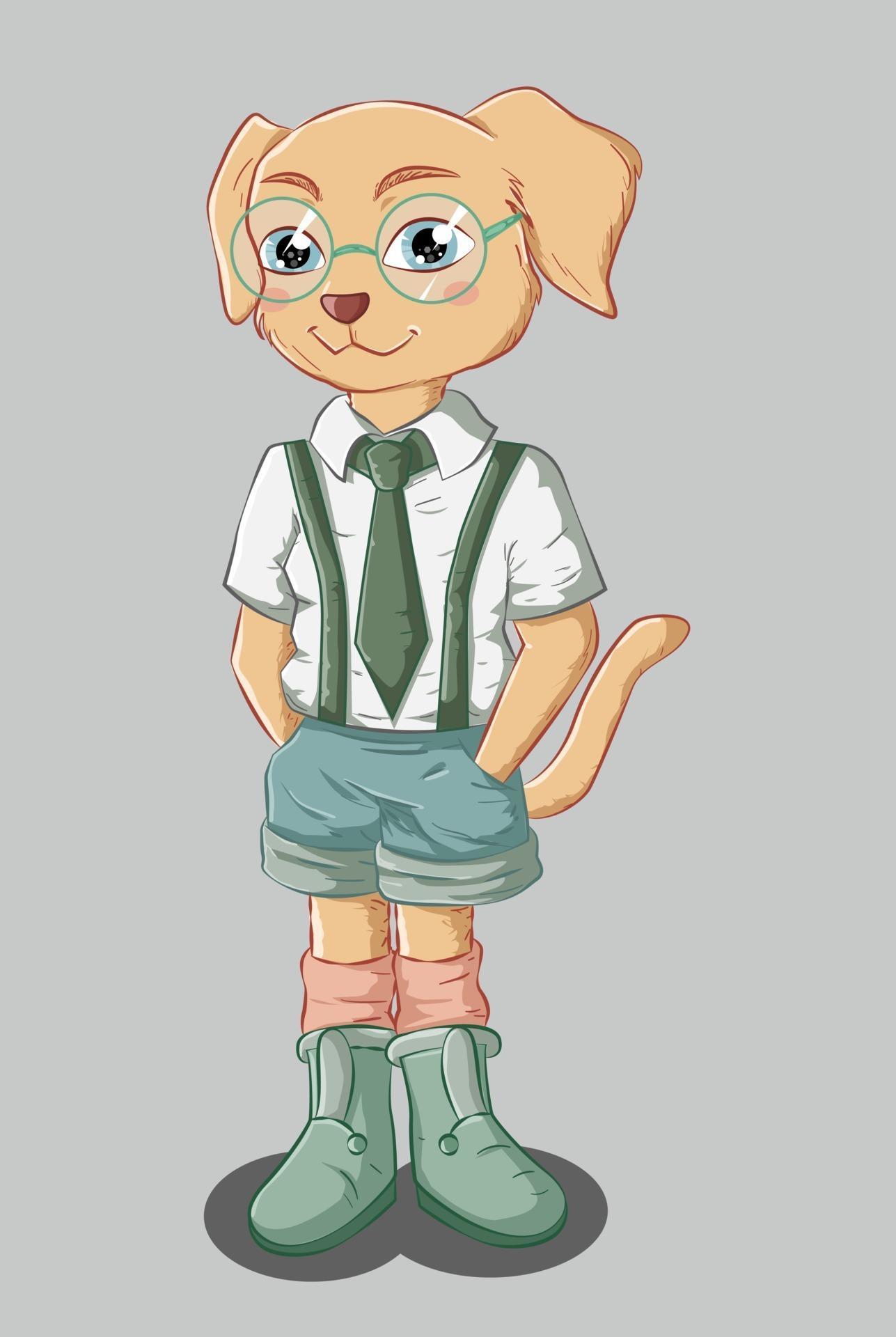 A little handsome brown dog standing wearing a white shirt, shorts, shoes and eyeglasses vector
