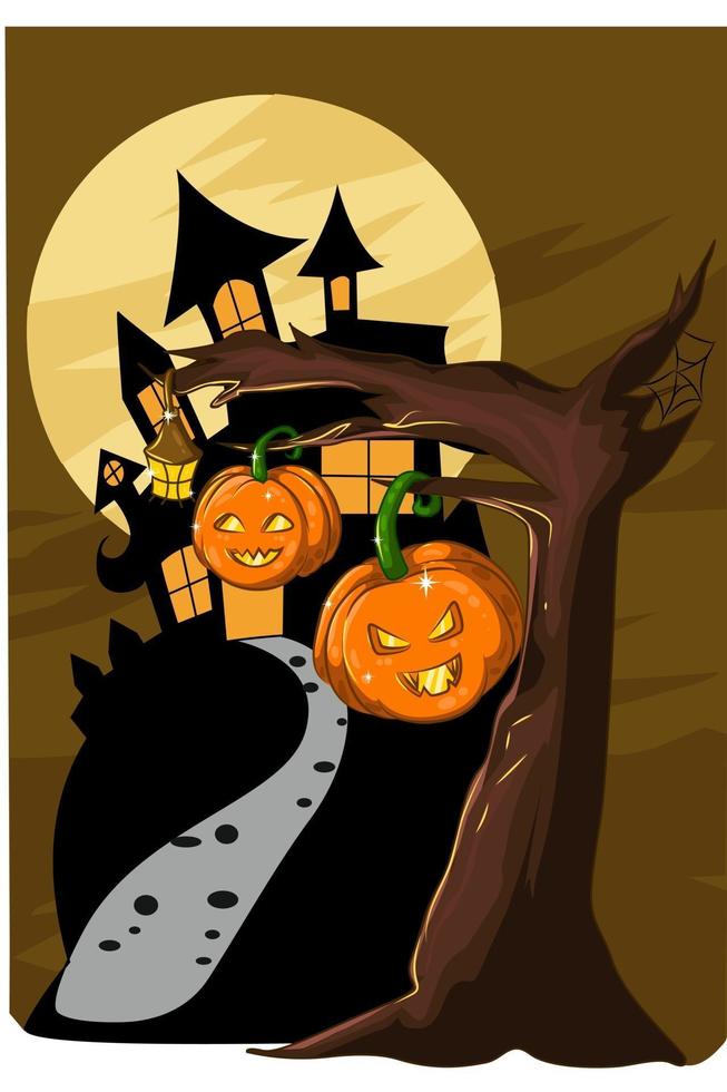 una ilustración de dos calabazas de halloween con árbol estéril en la noche de halloween vector