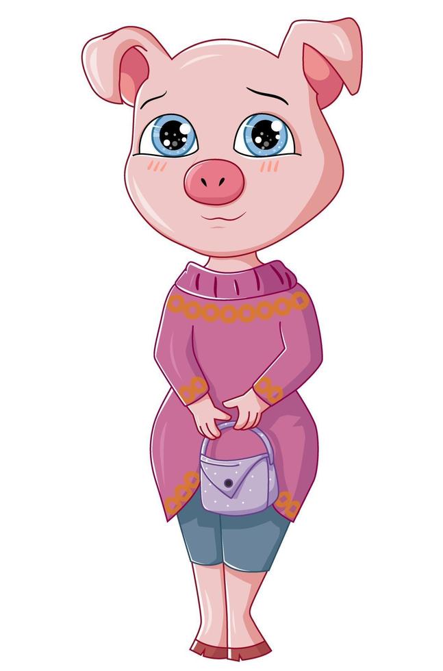 diseño de personaje animal, lindo cerdo de pie y llevando una bolsa. vector