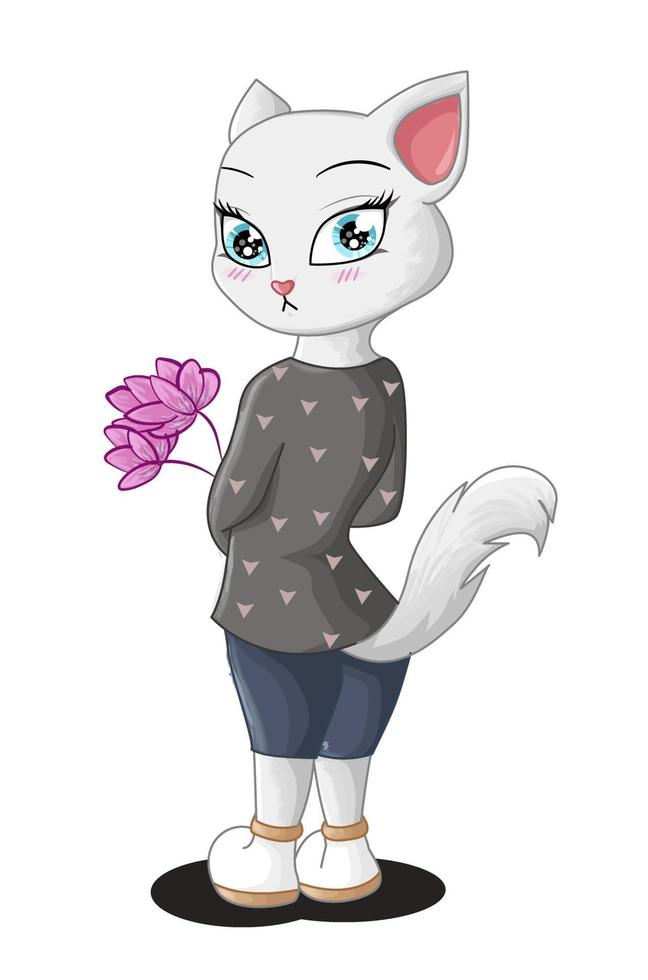 Design character white cat standing and carrying two pink flowers, vector illustration
