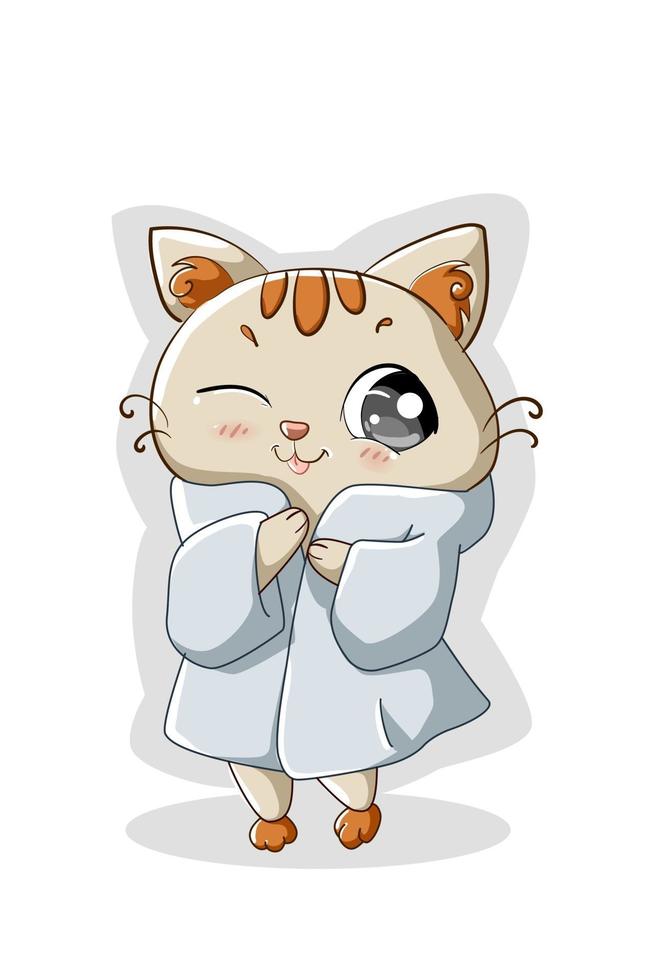 A little white cat wearing a white coat illustration vector