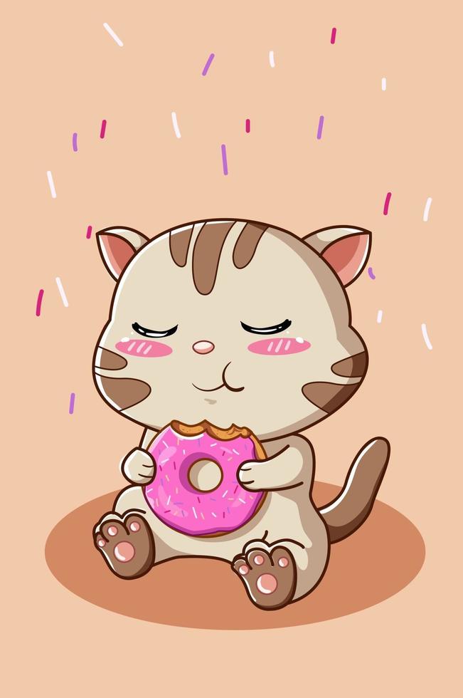 A little cute cat eating a donut illustration vector