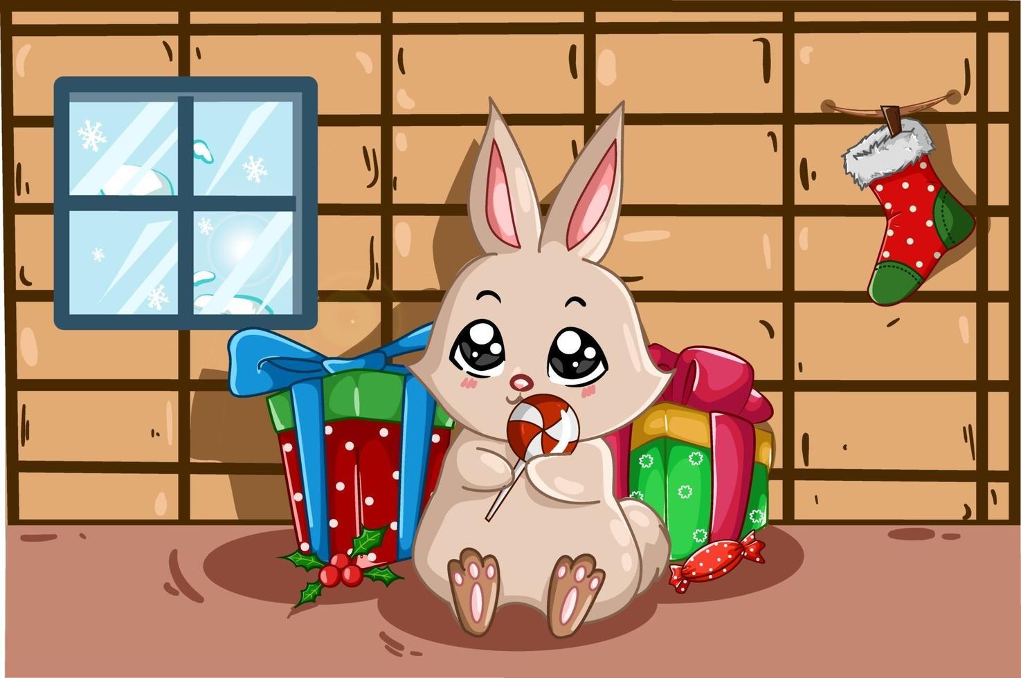 The rabbit brings sweets and lots of presents in his house in the Christmas season vector