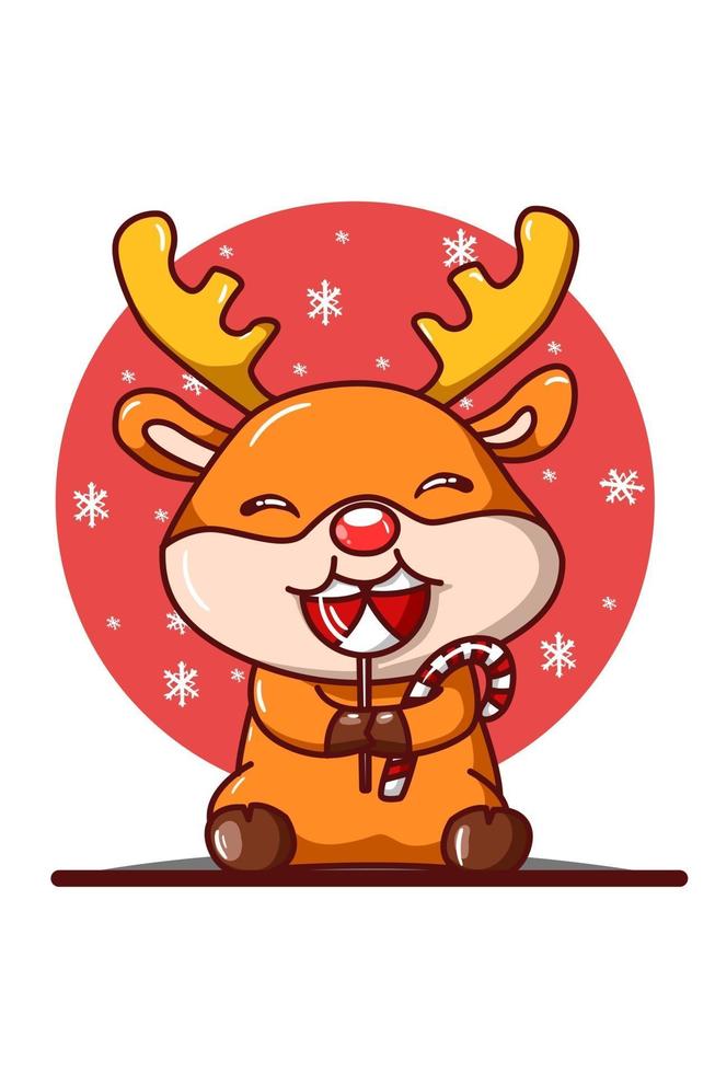 A little deer eating Christmas candy illustration vector