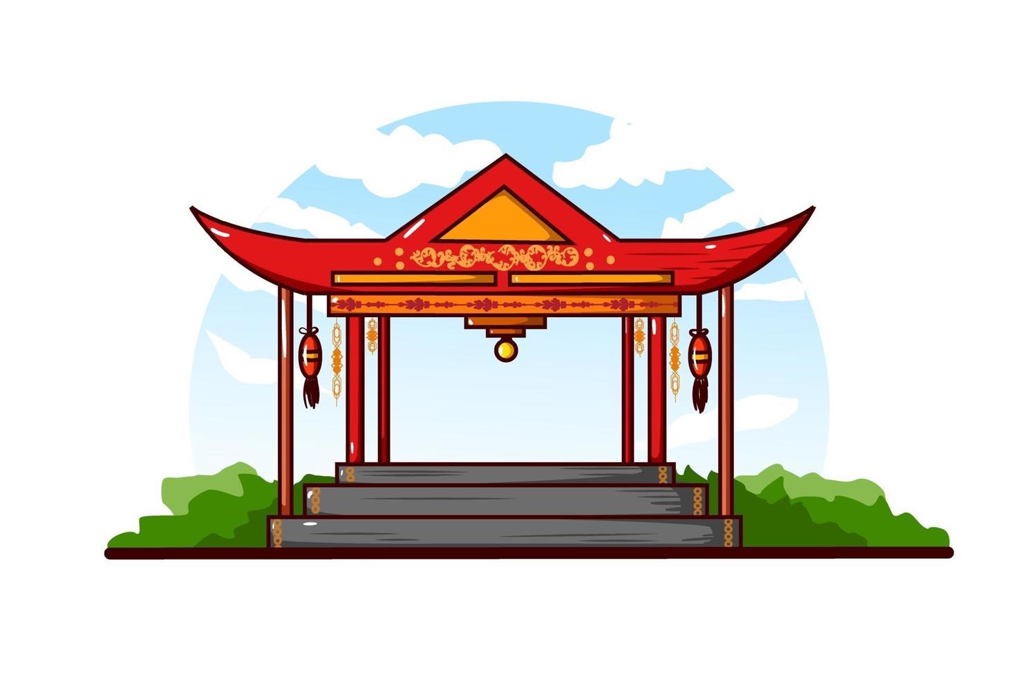 illustration of Chinese gazebo against a clear cloudy sky background vector