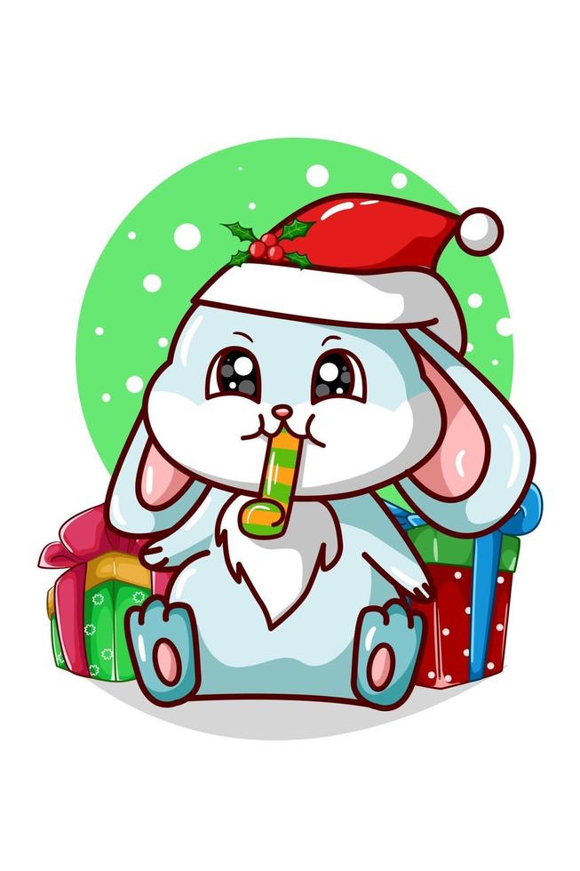 A blue rabbit blowing a trumpet and some Christmas presents vector