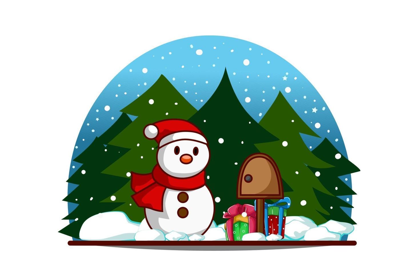 Snowman with mail box and gifts on christmas eve vector