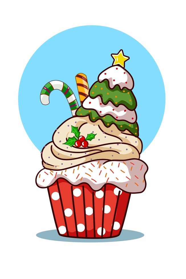 A cupcake with Christmas tree cream and candy vector