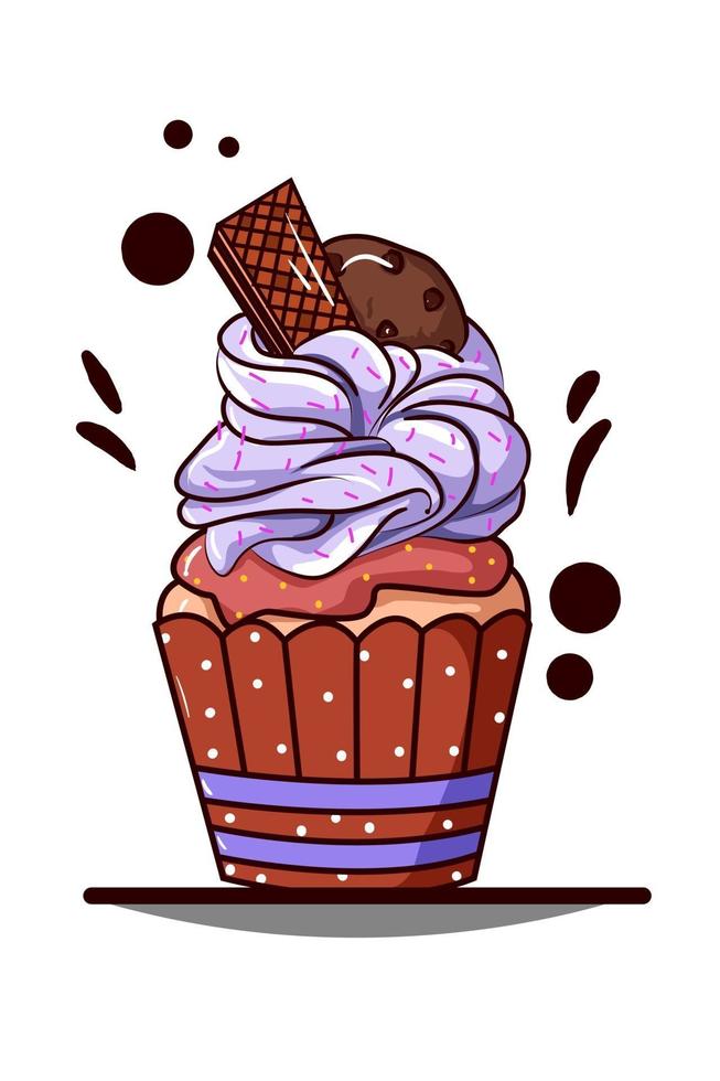 cupcake con crema morada con barquillo y galleta de chocolate vector