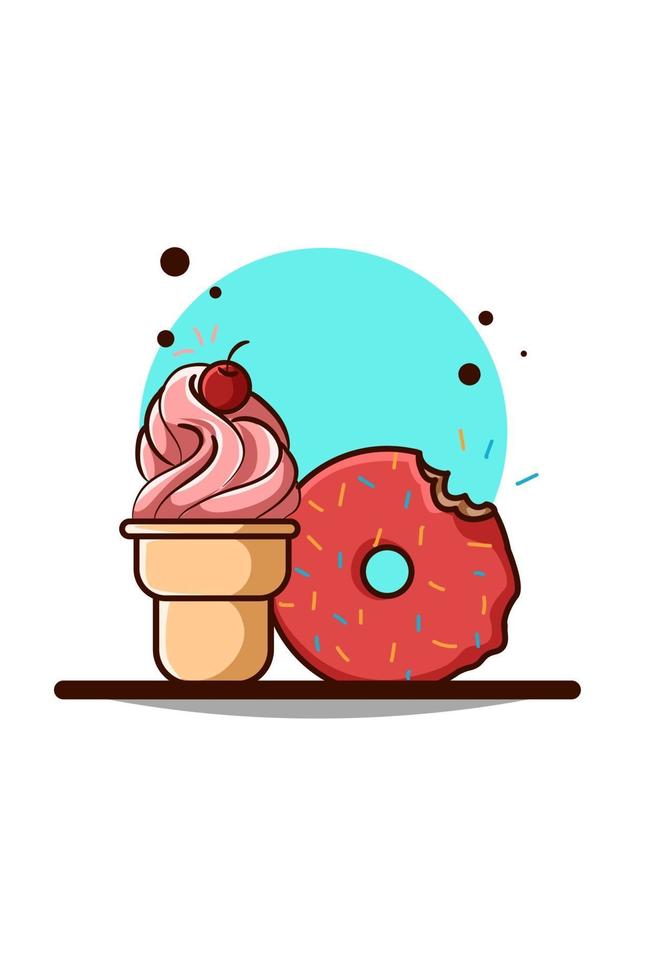 taza de helado rosa con diseño plano de ilustración de rosquilla vector