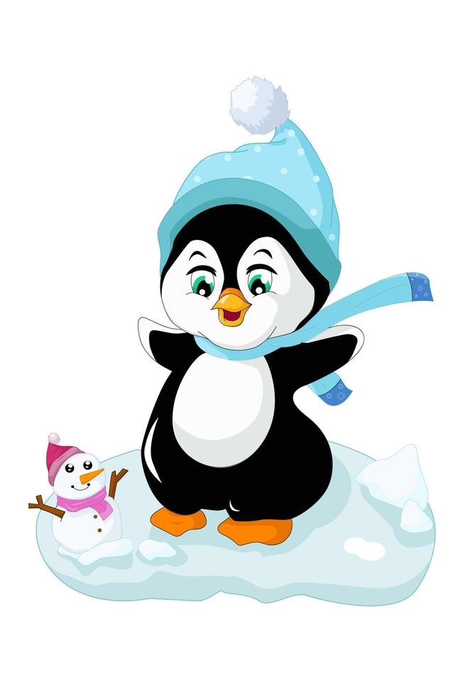 lindo pingüino polar divirtiéndose en la nieve con un muñeco de nieve, diseño de ilustración vectorial de dibujos animados vector