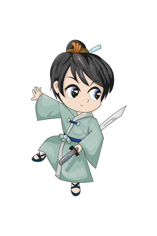 diseño de personaje samurai profesión, pequeña caricatura de anime chibi vector