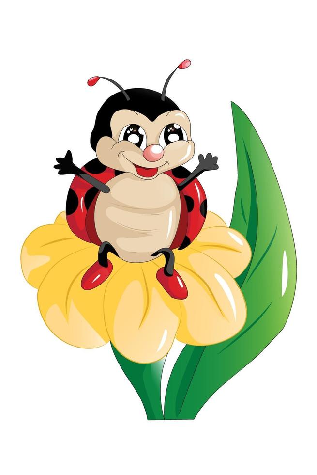 Una pequeña mariquita negra y roja feliz en la flor amarilla, diseño de ilustración de vector de dibujos animados de animales