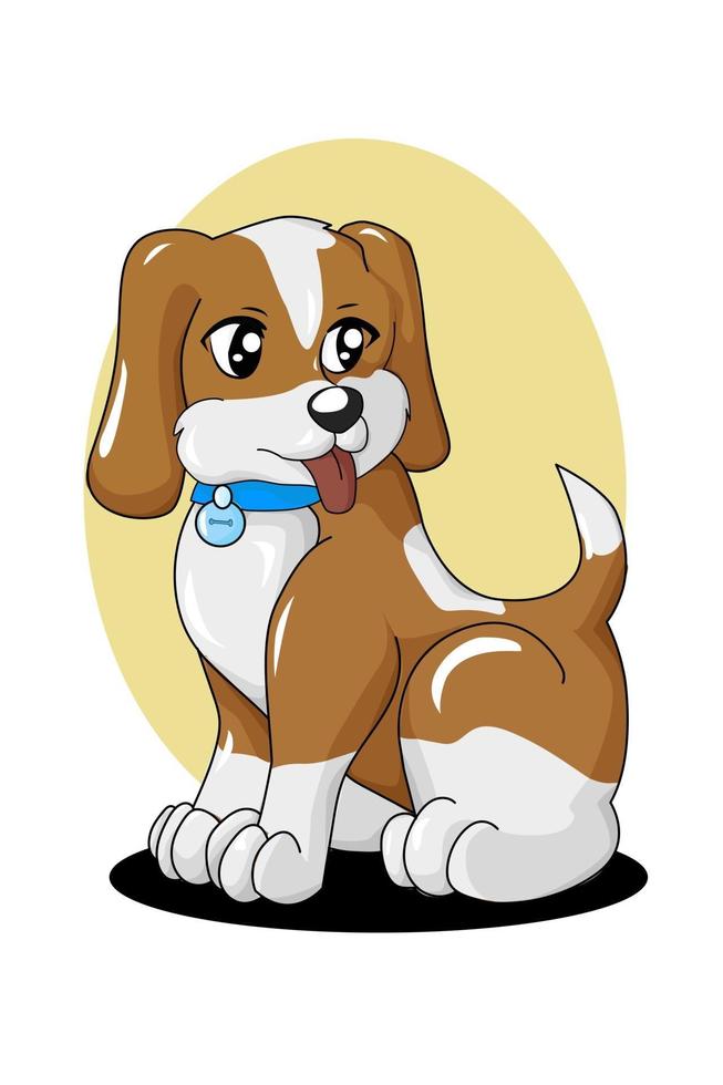 Perro marrón blanco con fondo amarillo y sombra negra, diseño de dibujos animados de animales vector