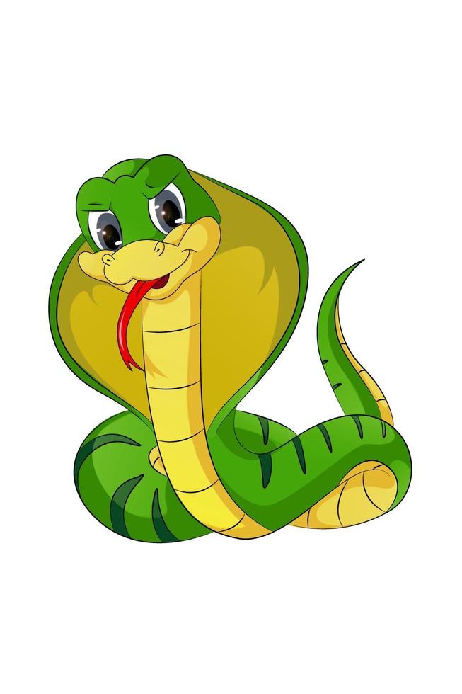 Cobra amarilla y verde enojada con ojos grises, diseño de ilustración de vector de dibujos animados de animales