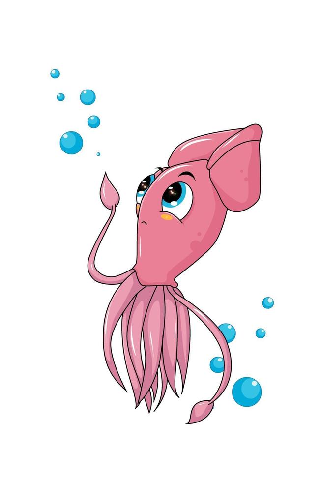 Un pequeño y lindo calamar rosado con burbujas de agua, diseño de ilustración de vector de dibujos animados de animales