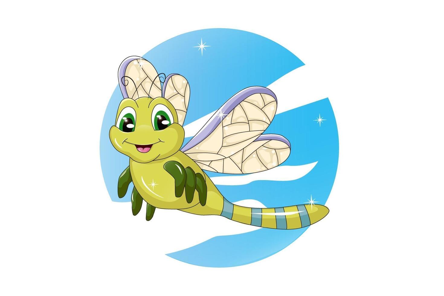 A green dragonfly, green eyes and yellow purple wings with sky background, design animal cartoon vector illustration