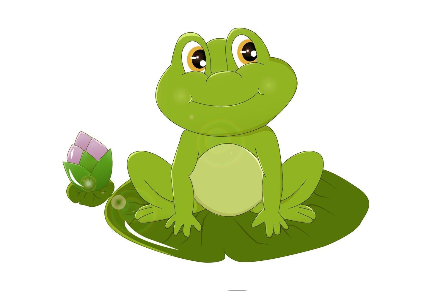 A smiling green frog with brown eyes on the lotus plant, design animal cartoon vector illustration