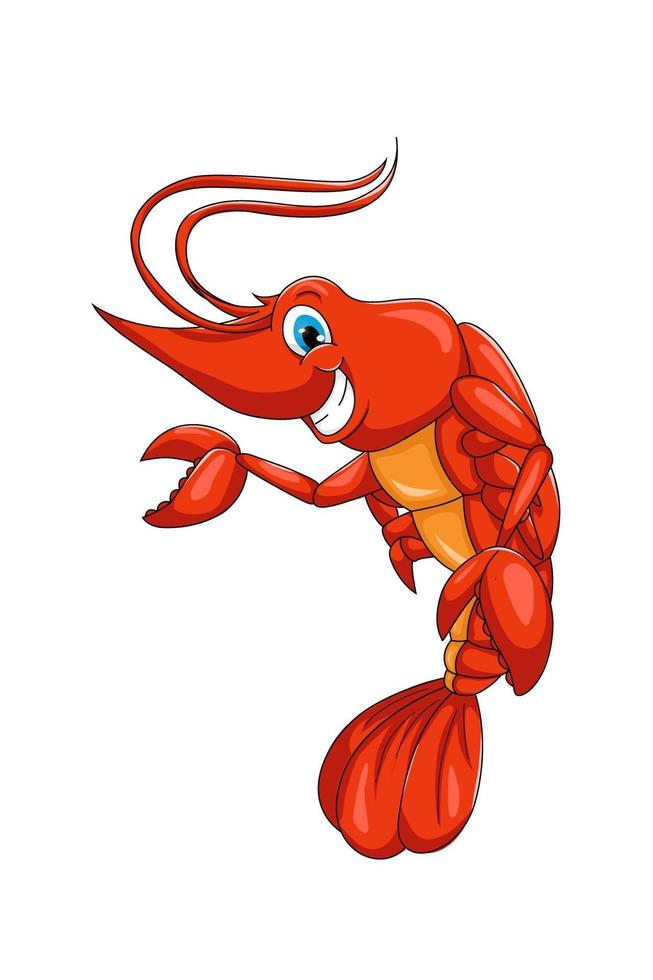 Un gracioso camarón rojo de ojos azules, diseño de ilustración de vector de dibujos animados de animales
