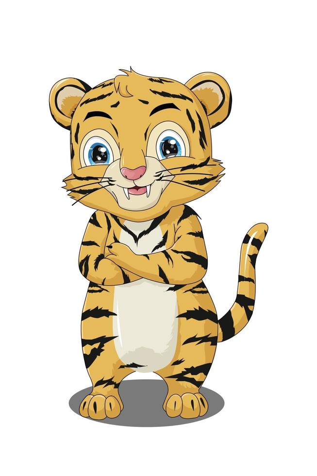 Un pequeño tigre bebé feliz y lindo, diseño de ilustración de vector de dibujos animados de animales