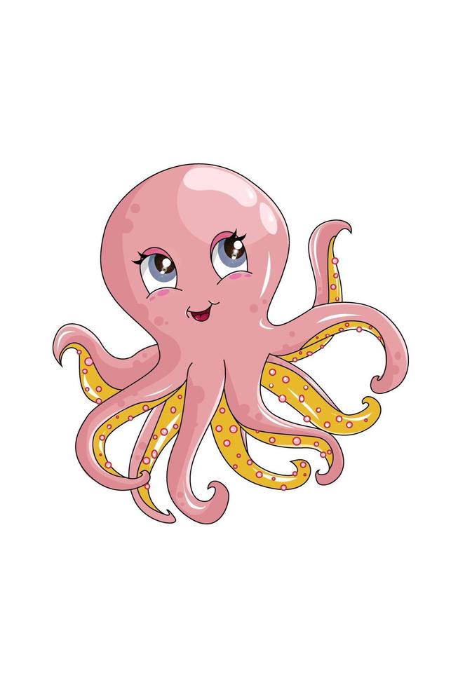 Un hermoso y lindo pulpo rosa amarillo, diseño de ilustración de vector de dibujos animados de animales