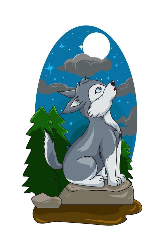 Un pequeño lobo gris bebé solo en un bosque con cielo nocturno y fondo de luz de las estrellas, diseño de ilustración de vector de dibujos animados de animales