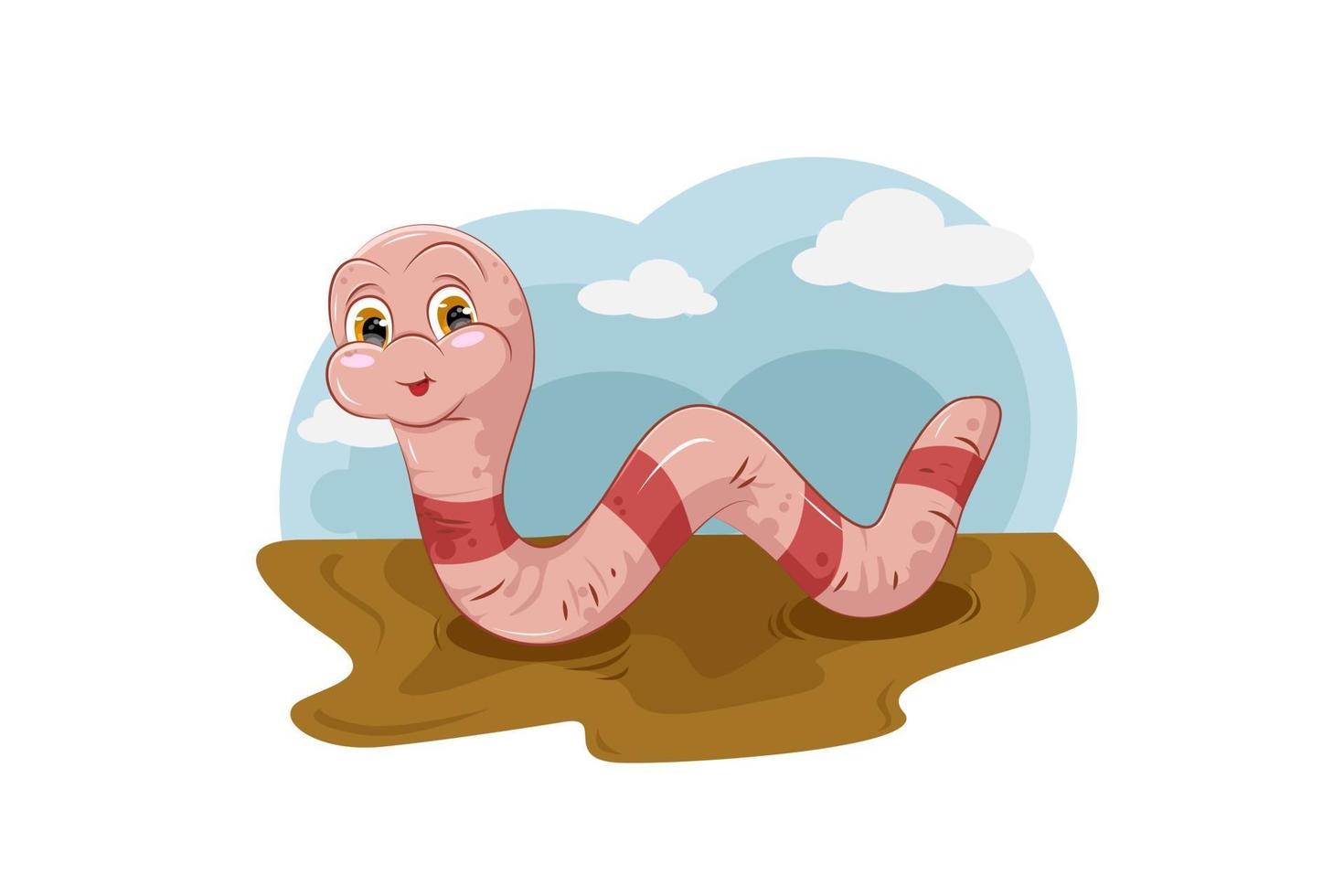 A cute pink worm on the mud with sky and cloudy background, design animal cartoon vector illustration